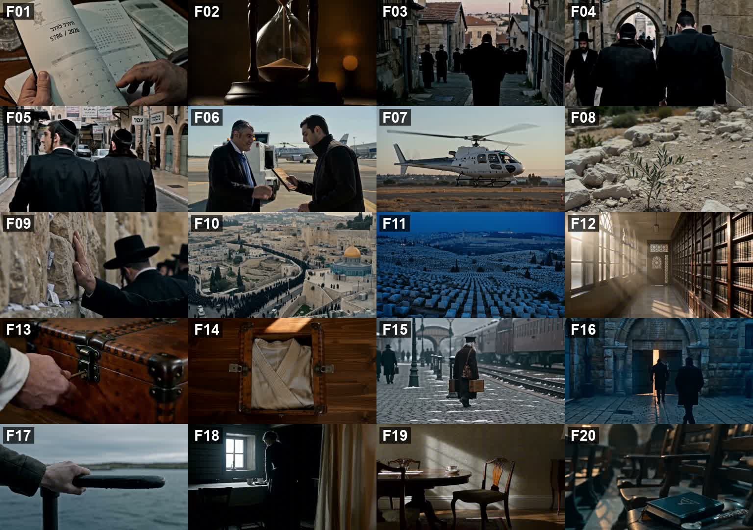 Visual reference and continuity contact sheet from the AI film production